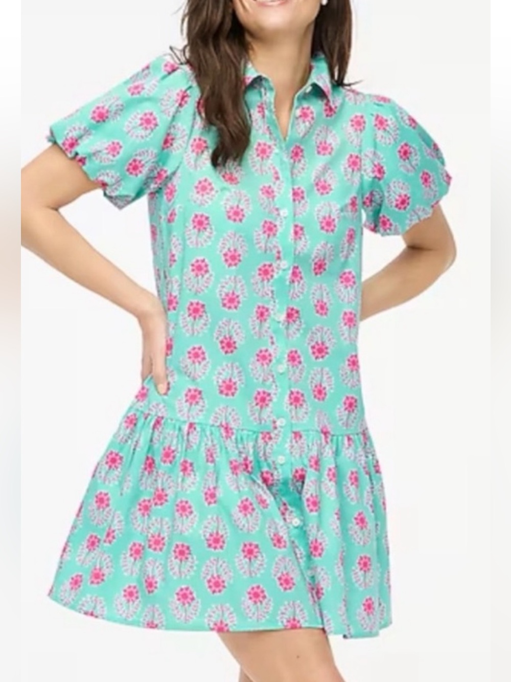 J. Crew Green Dress with Pink Floral Print size 12